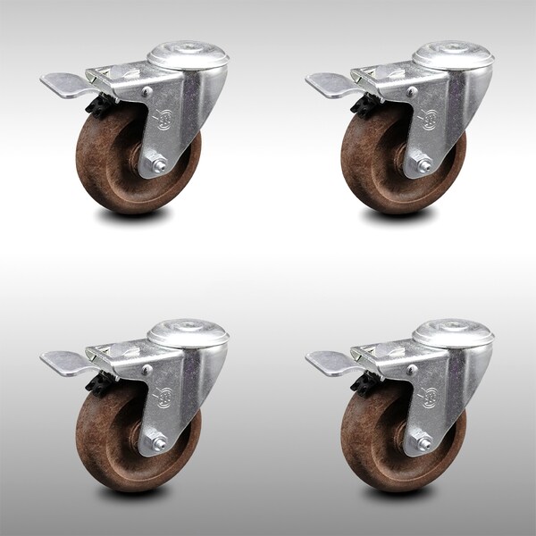 4 Inch SS High Temp Glass Filled Nylon Bolt Hole Caster Set with Lock Brake SCC